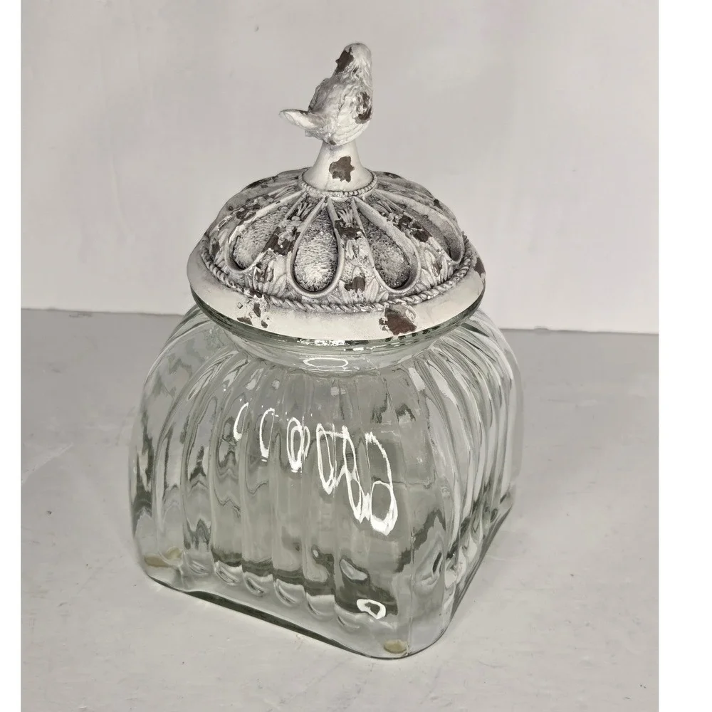 Ribbed Clear Glass Canister With White‎ Song Bird Chippy Paint Lid Cookie Jar